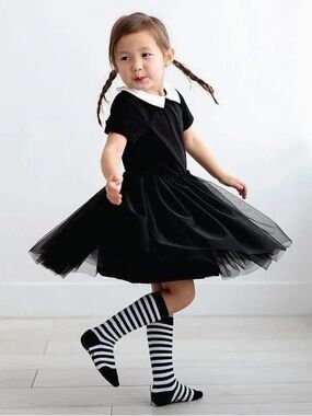 Wednesday Addams Black Tulle Party Dress with White Collar - Kids Costume